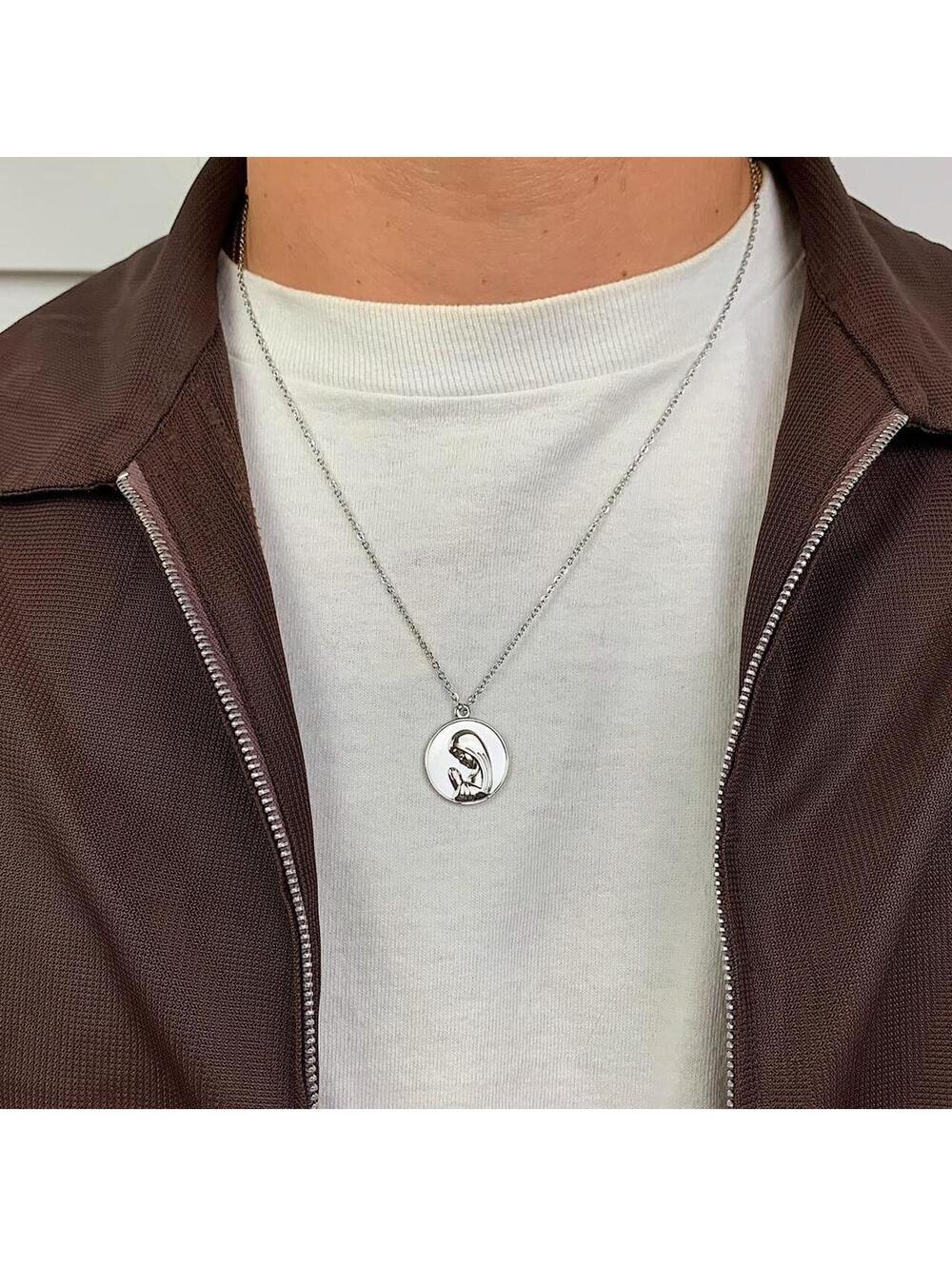Vintage y2k style Saint Marry Circle pendant silver stainless steel necklace - Picture 3 of 8